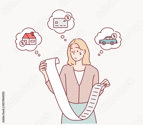 A woman is surprised as he looks at the long receipt. Financial crash and bankrupt concept. Hand drawn style vector design illustrations.