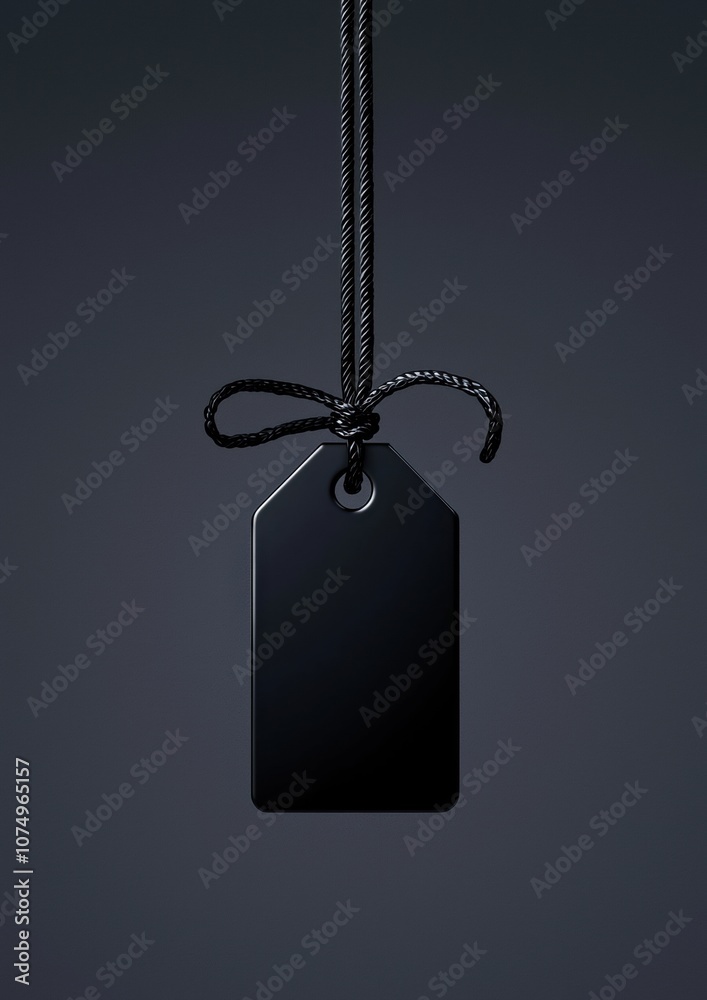 Fototapeta premium A black tag with a bow hanging from it