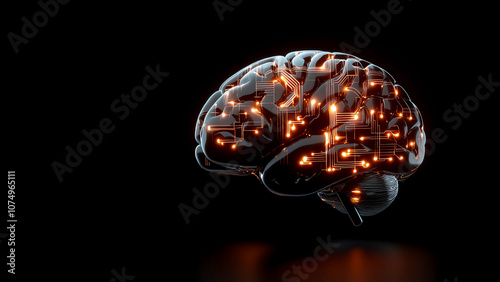 Futuristic digital brain with glowing neural connections on black background, symbolizing artificial intelligence and innovation.