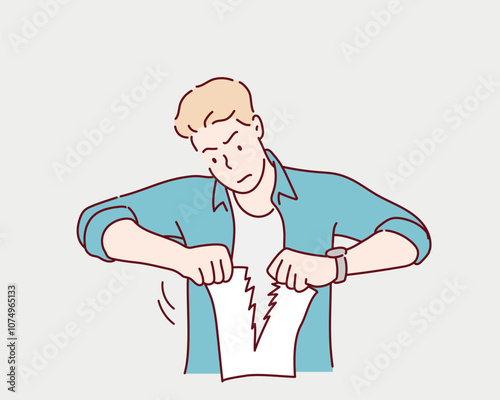 A man tearing paper. Hand drawn style vector design illustrations.