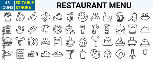 Restaurant menu line icons set. Salad, breakfast, fast food dinner, pizza, pasta, sushi, cocktails, vegetarian meal, vector illustration. Editable Stroke