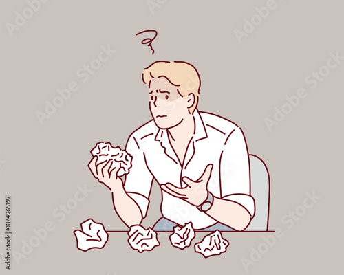 The man crumpled the paper. Hand drawn style vector design illustrations.