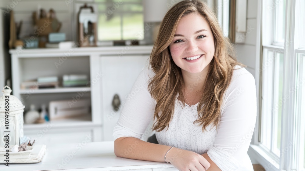 Young Woman Sitting at a Table, Smiling, in a White Room Young Woman Sitting at a Table, Smiling, in a White Room