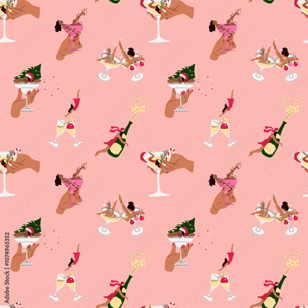 Fototapeta premium Seamless pattern with women is sitting in a martini glass. Happy new years