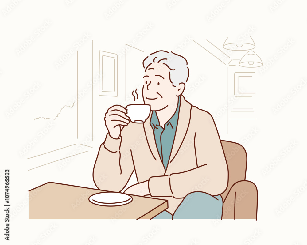 Older man drinking coffee while sitting by the window in the morning, happy older man holding a cup of coffee at cafe. Hand drawn style vector design illustrations.
