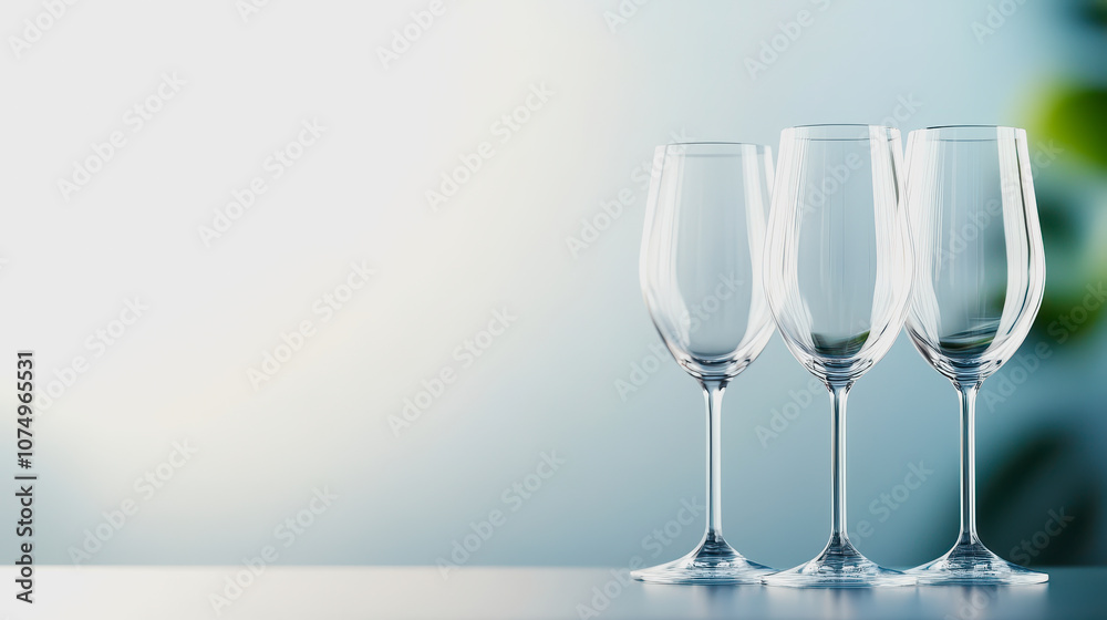 Elegant Display of Three Empty Wine Glasses on a Smooth Gradient Background, Perfect for Wine Related Themes and Sophisticated Table Settings Elegant Display of Three Empty Wine Glasses on a Smooth Gradient Background, Perfect for Wine Related Themes and Sophisticated Table Settings