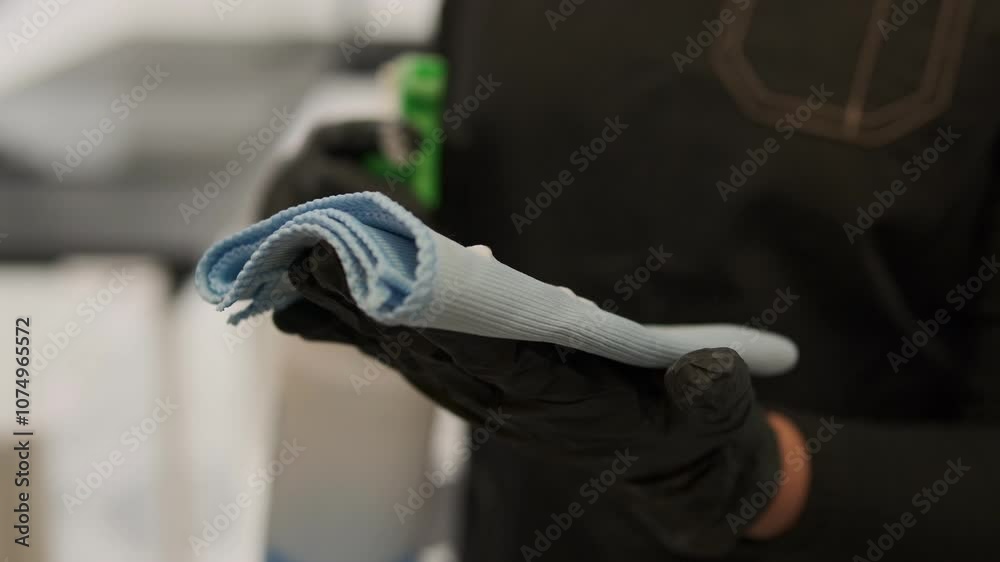Cleaning solution sprayed onto cloth for efficient surface cleaning. Professional cleaning services. Close-up Cleaning solution sprayed onto cloth for efficient surface cleaning. Professional cleaning services. Close-up