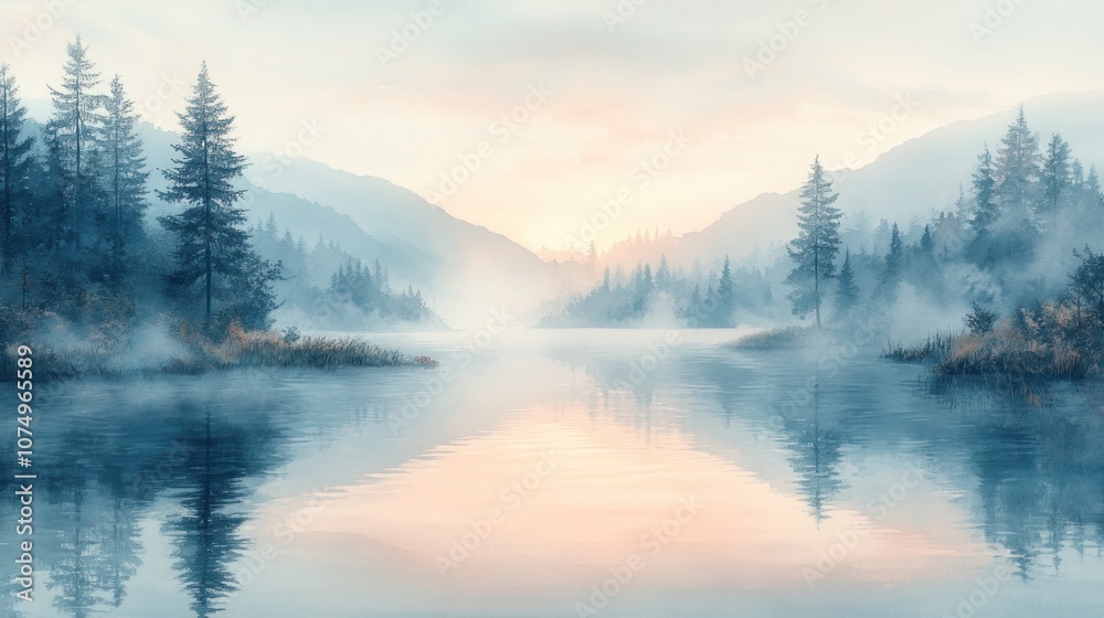 Fototapeta premium Misty Mountain Lake at Sunrise