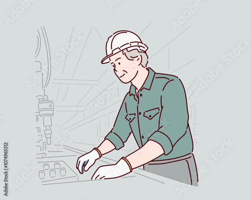 Factory technicians work on the front of the machine. Hand drawn style vector design illustrations.