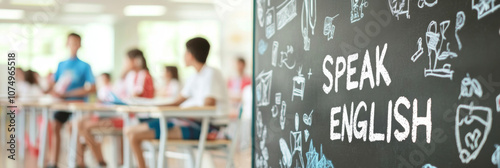 Classroom with blurred students and focus on Speak English sign, education concept