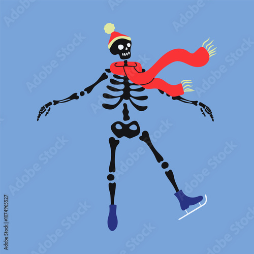 Funny skeleton skating. Cute skeleton bones character.