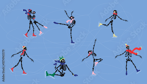 A funny set of cute skeleton characters is skating on ice, their bony figures gliding smoothly as they strike playful poses