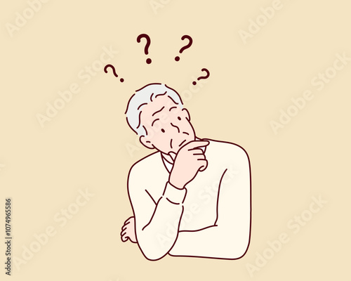 Gray-haired elderly man with beard holding his chin and thinks. Hand drawn style vector design illustrations.