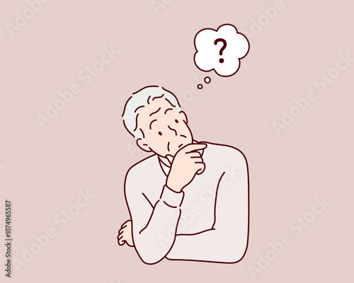 Gray-haired elderly man with beard holding his chin and thinks. Hand drawn style vector design illustrations.