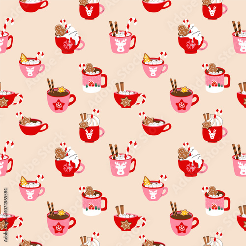Seamless pattern with cute holiday mugs with a flat cartoon style, featuring a Christmas hot drink