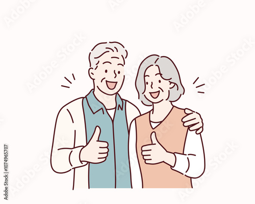 Young smiling happy old couple two friends family man woman. thumbs up. Hand drawn style vector design illustrations.