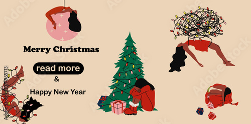 Web page design template. Person experiences sadness and unhappiness during the Christmas holidays. Psychology concept