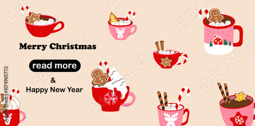 Web page design template. Cute holiday mug with a flat cartoon style, featuring a Christmas hot drink