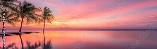 Stunning sunrise over tranquil waters with palm trees reflecting in the calm ocean near the horizon