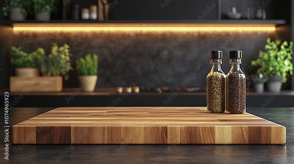 Empty wooden cutting board on countertop in a modern kitchen with spice jars. Empty wooden cutting board on countertop in a modern kitchen with spice jars.