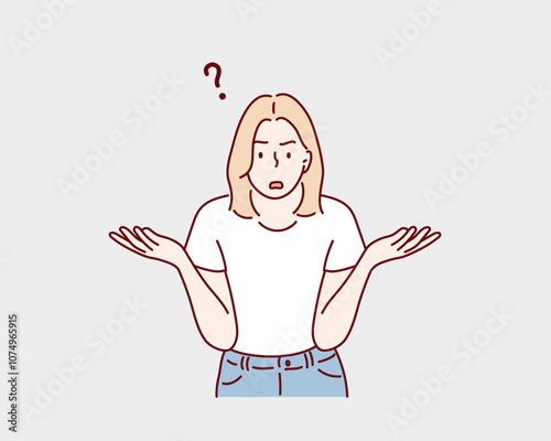 A woman who doesn't understand at all. thinks why. Woman with question mark.  Hand drawn style vector design illustrations.