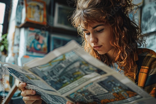 A young woman with curly hair is deeply focused on a colorful comic book, seated in a vibrant cafe filled with art. Sunlight streams through the windows, adding warmth to the atmosphere