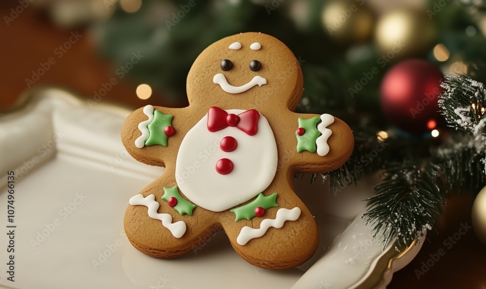 Fototapeta premium Gingerbread man cookie decorated with icing and festive colors, holiday theme