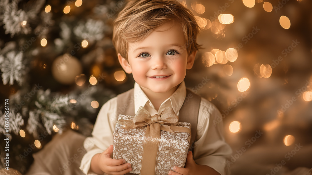 Portrait of a boy with a Christmas present, in retro style