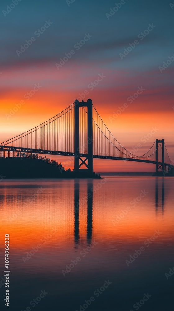 Stunning sunset view of the Mackinac Bridge reflecting on calm waters at twilight Stunning sunset view of the Mackinac Bridge reflecting on calm waters at twilight