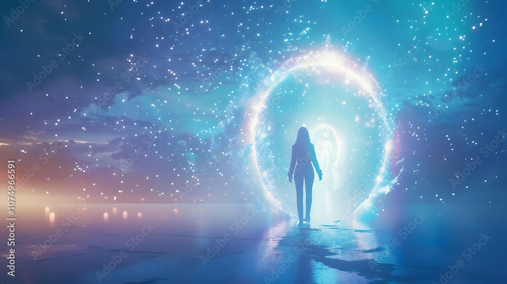 A silhouette of a figure stepping into a luminous doorway with a bright background A silhouette of a figure stepping into a luminous doorway with a bright background