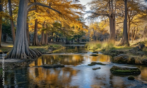 Autumn landscape with golden trees and serene river reflection