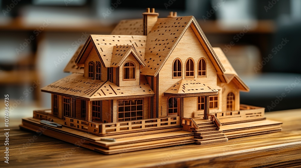 Detailed wooden model of a two-story house with a porch, windows, and a chimney. Detailed wooden model of a two-story house with a porch, windows, and a chimney.