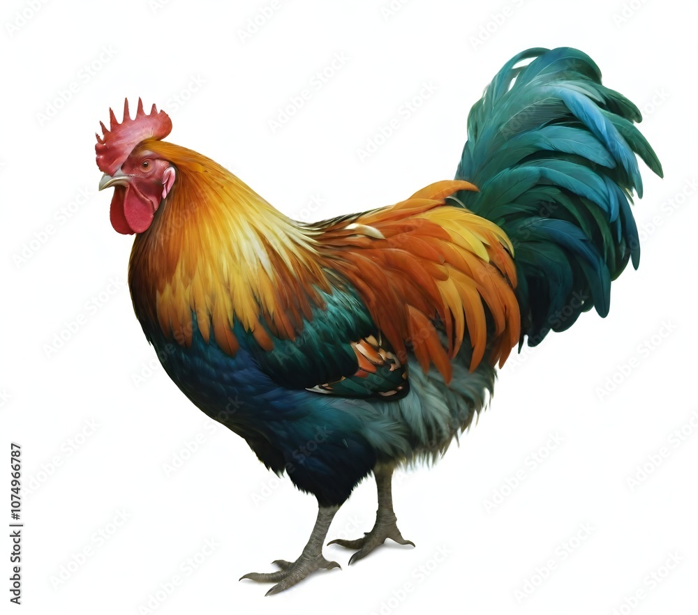 Fototapeta premium A colorful rooster with vibrant feathers in shades