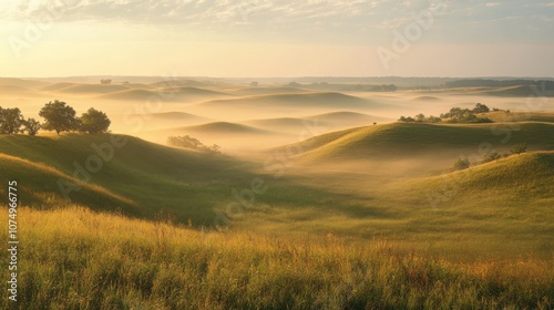 A stunning sunrise over the Flint Hills reveals rolling green hills shrouded in morning mist and gentle light photo