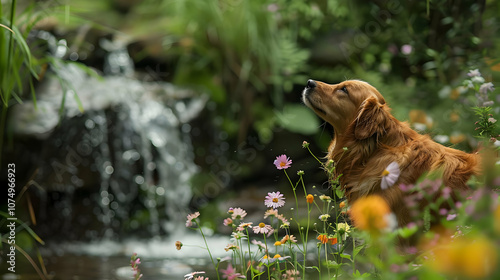 A dog sniffing wildflowers near a small waterfall in the woods 