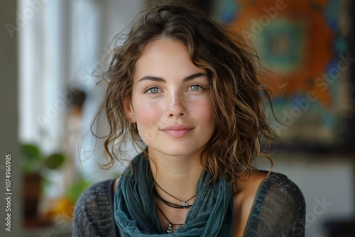 A young woman with curly hair and bright blue eyes smiles warmly. She wears layered necklaces and a soft scarf, surrounded by a cozy indoor environment filled with plants and natural light