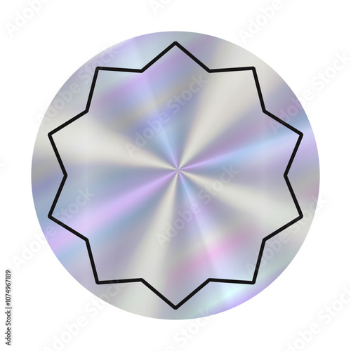 Star shaped design in circle with metallic finish, displaying iridescent colors that change in response to light. Hologram empty sticker