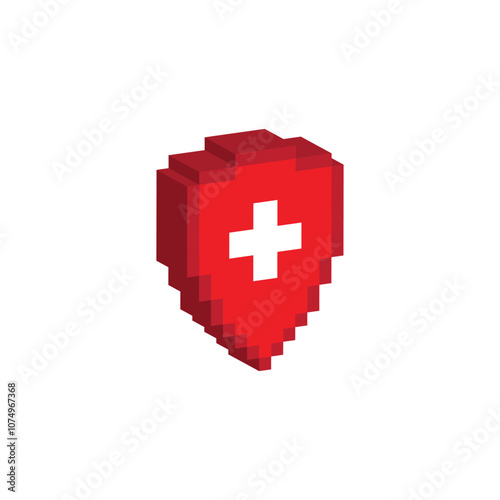 isometric pixel Medical shield icon. Medical protection sign