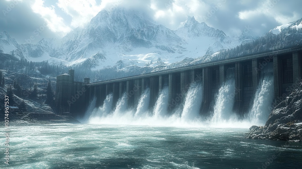 a dynamic hydroelectric dam scene captures rushing water and electric turbines, symbolizing clean energy generation and the commitment to ecological sustainability a dynamic hydroelectric dam scene captures rushing water and electric turbines, symbolizing clean energy generation and the commitment to ecological sustainability