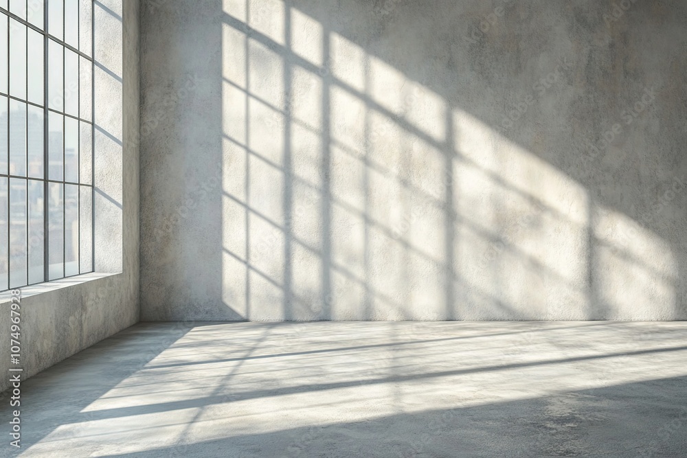 Empty industrial loft space with large window and sunbeams on concrete wall. Empty industrial loft space with large window and sunbeams on concrete wall.