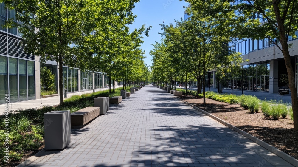 Tree-lined Pathway with Office Buildings Tree-lined Pathway with Office Buildings