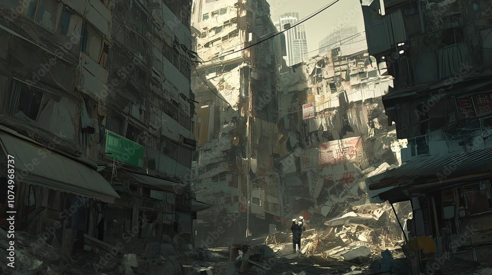 A solitary figure amidst rubble and towering structures in a post-apocalyptic city. A solitary figure amidst rubble and towering structures in a post-apocalyptic city.