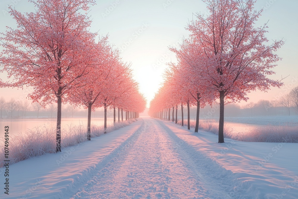 serene pathway winds winter landscape lined trees blanketed soft snow and light pink blossoms capturing essence tranquility clear day. serene pathway winds winter landscape lined trees blanketed soft snow and light pink blossoms capturing essence tranquility clear day.