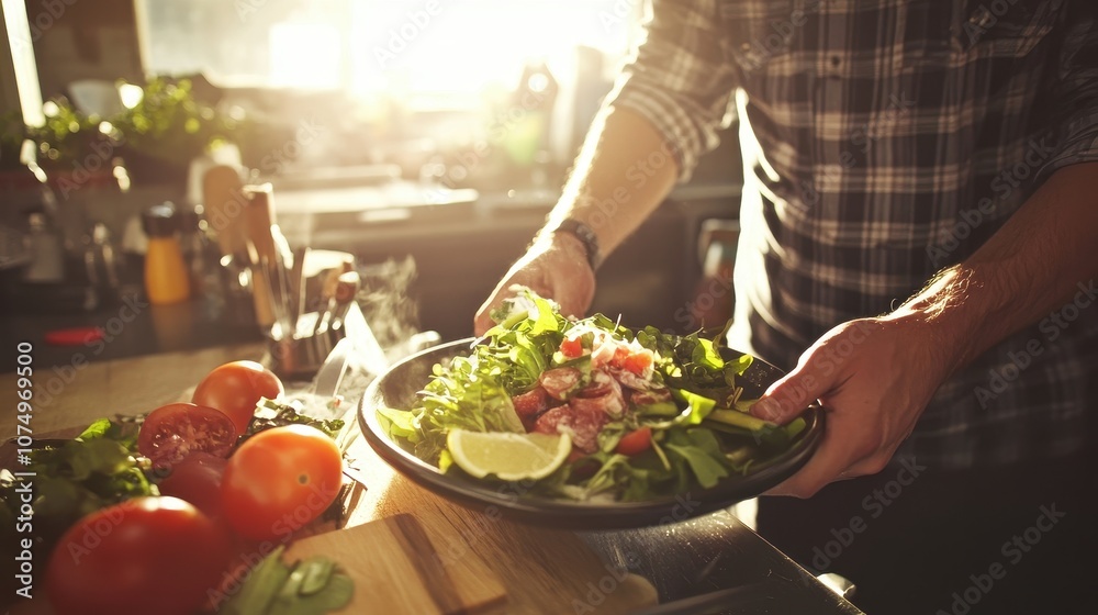 Bright Culinary Workspace with Healthy Dish Preparation Bright Culinary Workspace with Healthy Dish Preparation