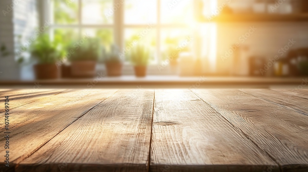 Rustic wooden table top with blurred background of a kitchen window with sunlight. Rustic wooden table top with blurred background of a kitchen window with sunlight.