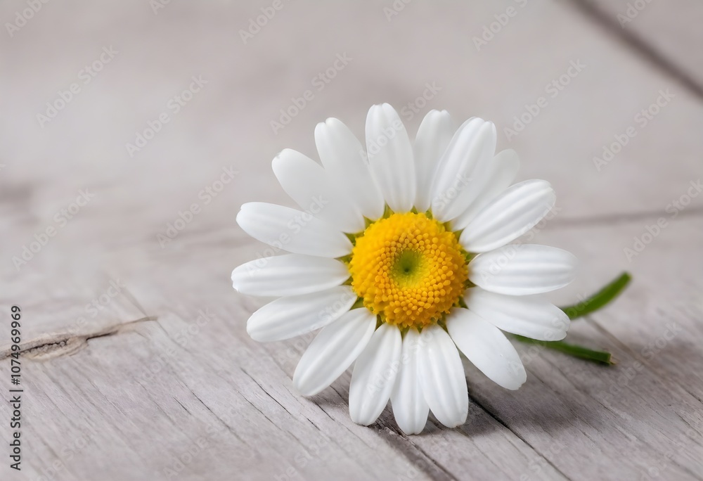 Obraz premium A white daisy flower with a yellow center on a wooden surface