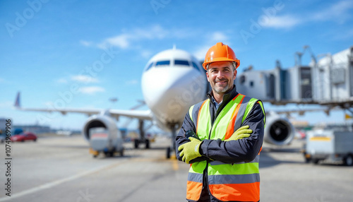 An airport worker stands confidently in front of an aircraft, symbolizing safety and professionalism. photo