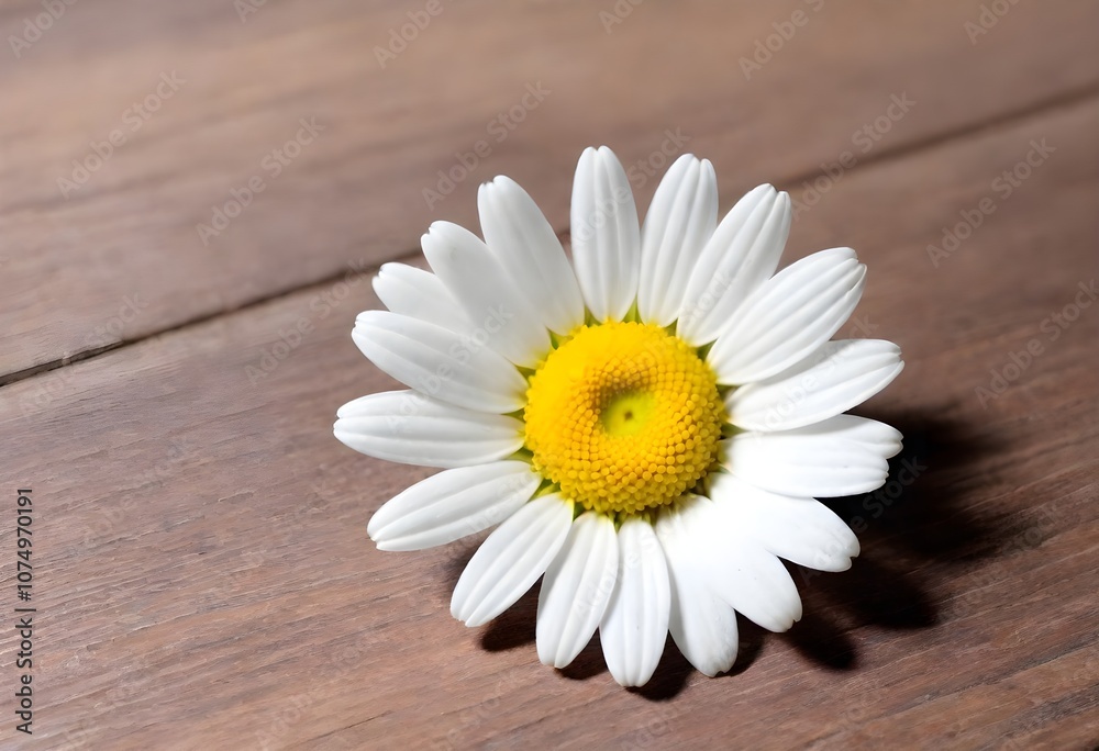 Obraz premium A white daisy flower with a yellow center on a wooden surface