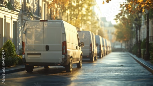 Fleet of White Delivery Vans Parked on a Quiet Urban Street in Autumn Morning Light photo