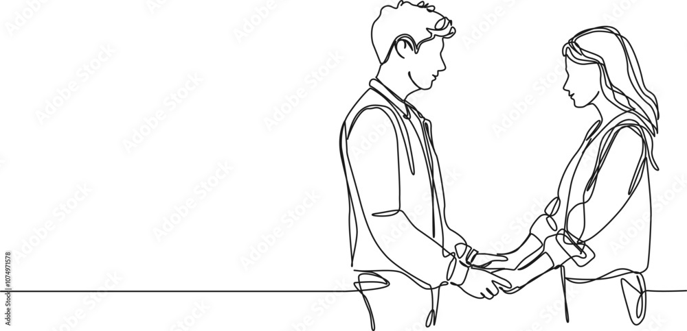 Fototapeta premium continuous single line drawing of young man and woman holding hands while looking at each other, line art vector illustration